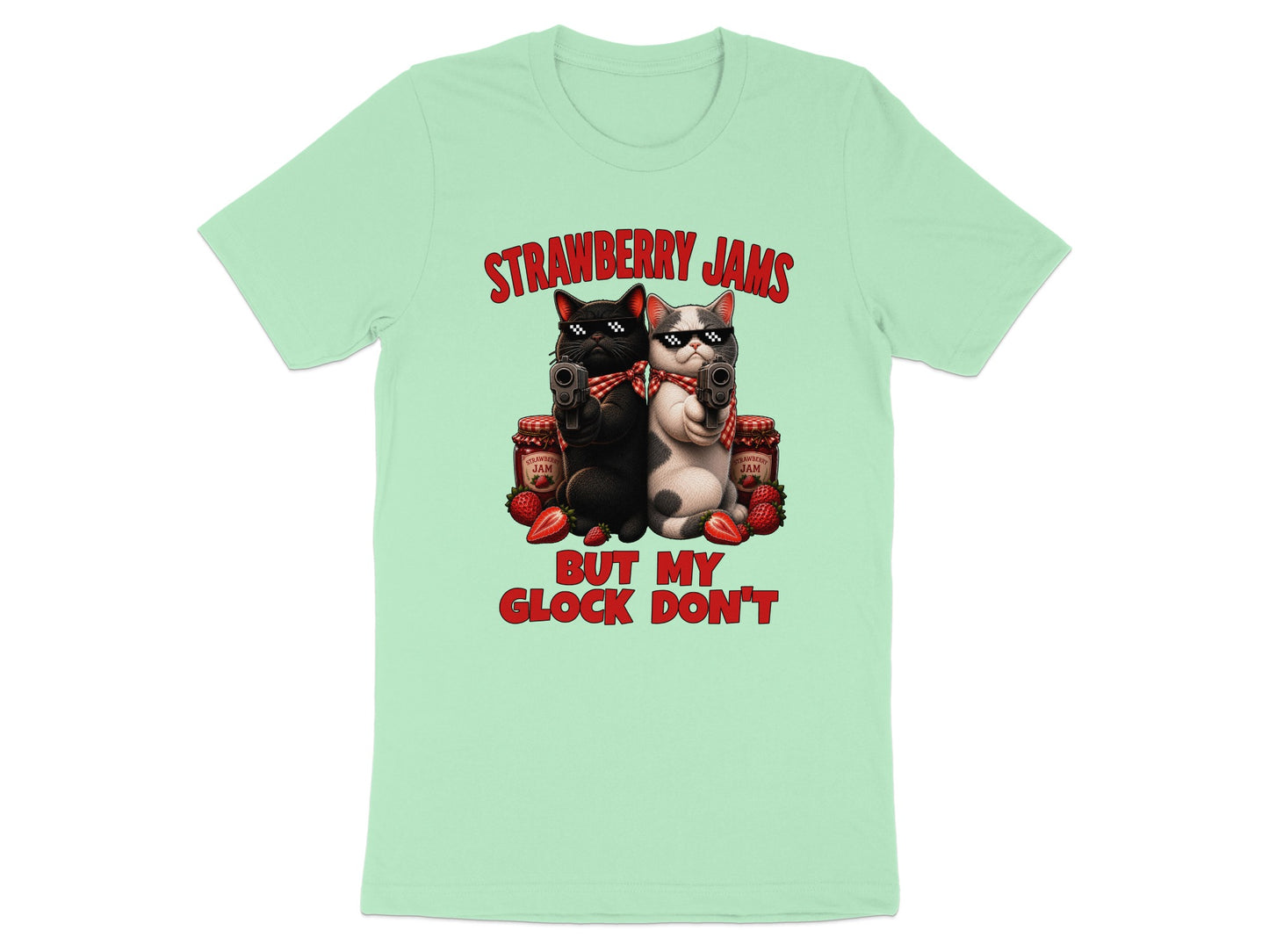 T-shirt with two cats holding guns and strawberry jam jars.