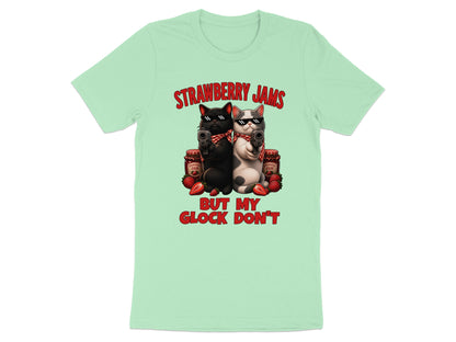 T-shirt with two cats holding guns and strawberry jam jars.