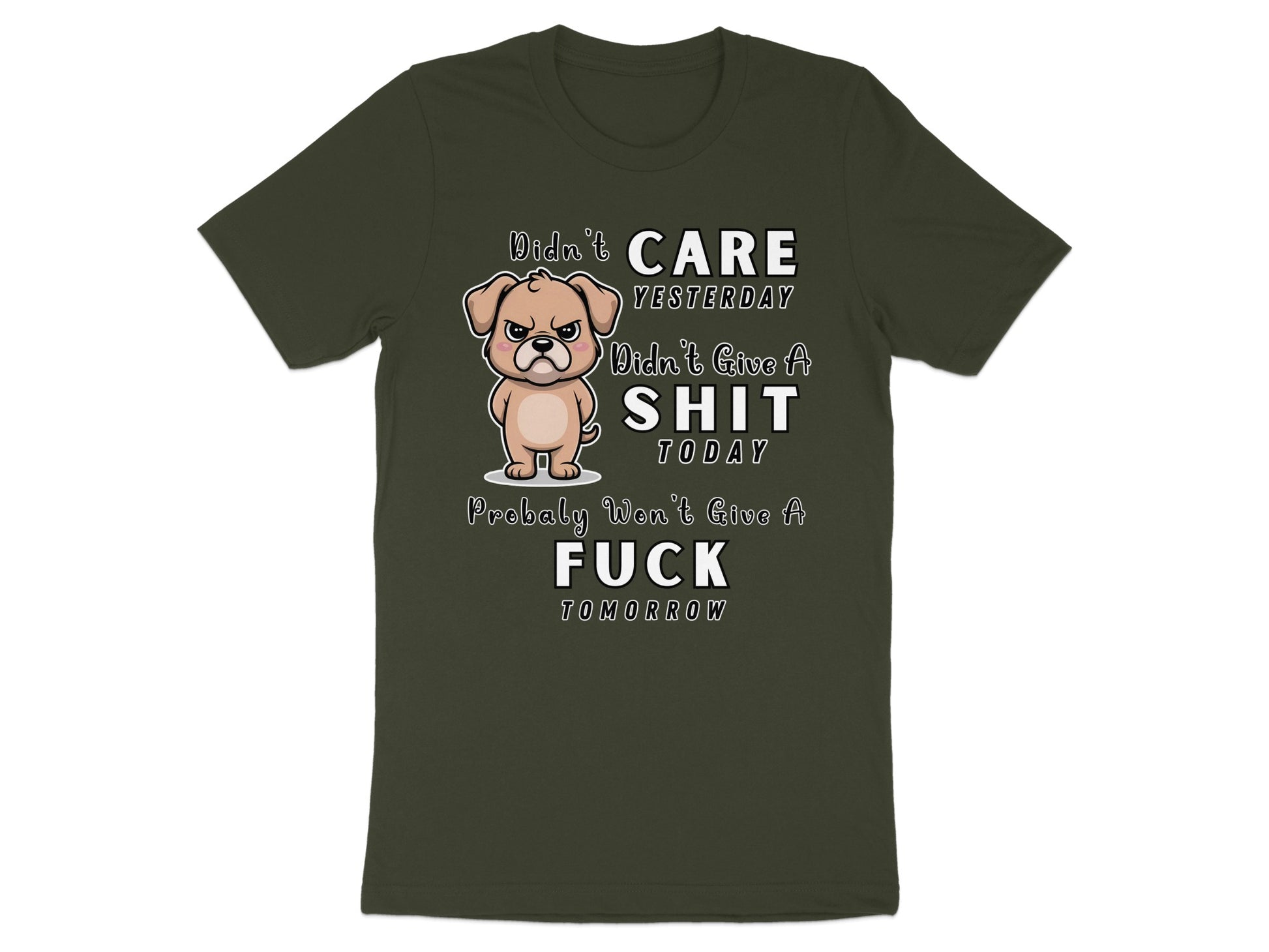 Green t-shirt with a cartoon dog and text about not caring.