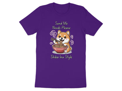 Purple t-shirt with a Shiba Inu eating ramen and text "Send Me Noods Please Shiba Inu Style".