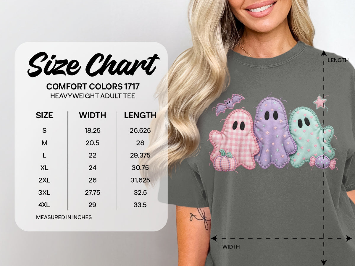 Size chart for Comfort Colors 1717 heavyweight adult tee with ghost graphics.