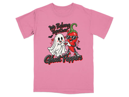 Ghost and chili pepper making heart hands with "We Belong Together" and "Ghost Peppers" text.