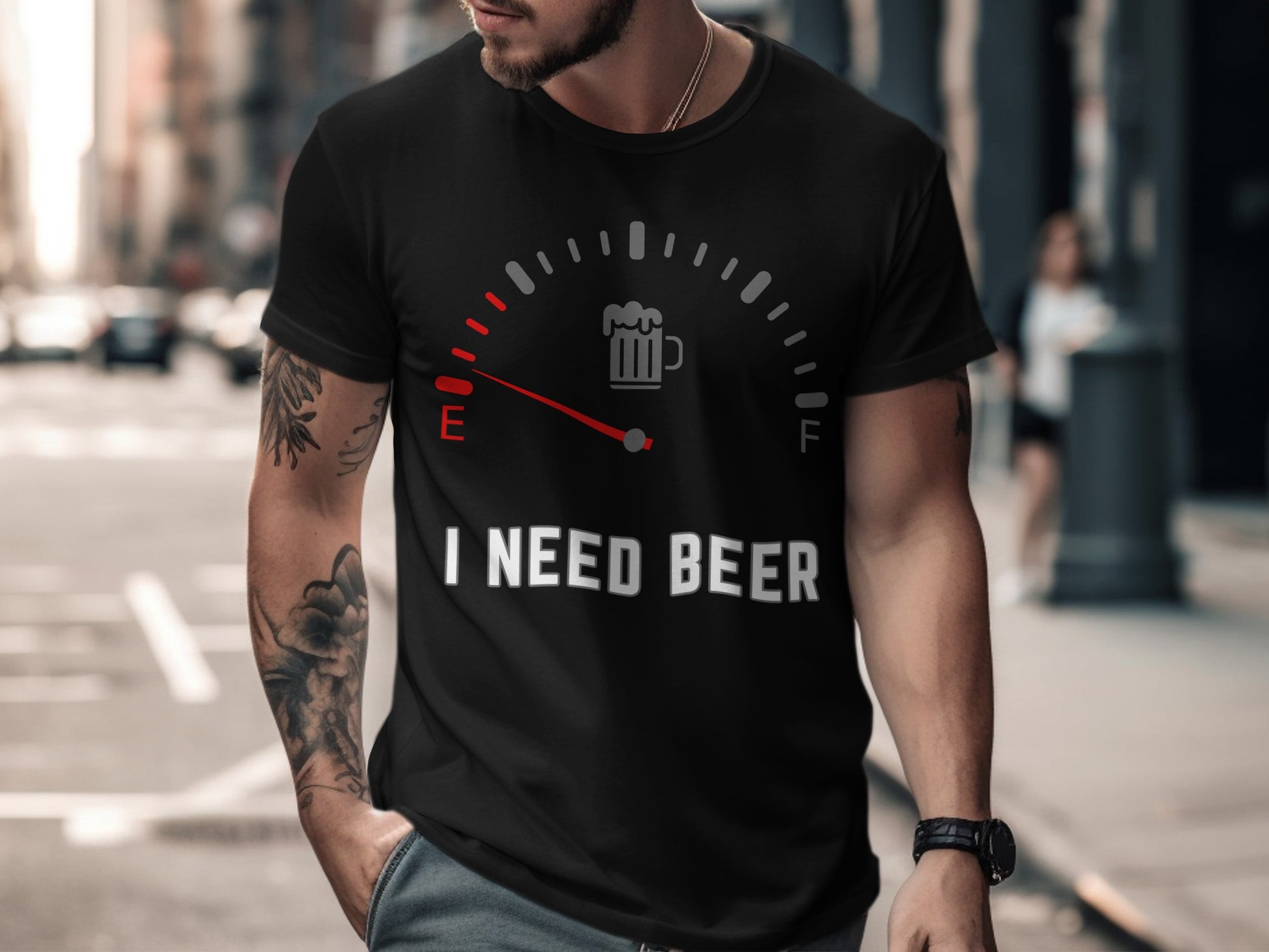 Black t-shirt with a beer gauge graphic and "I NEED BEER" text.