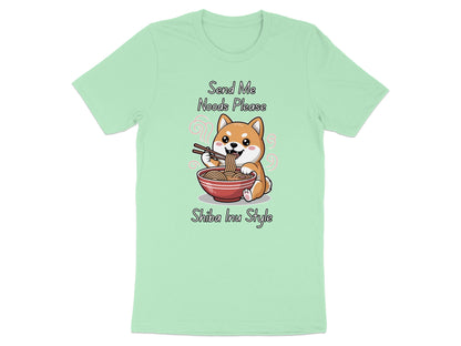Light green t-shirt with cartoon Shiba Inu eating ramen, text "Send Me Noods Please Shiba Inu Style".