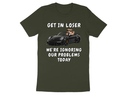 Cat in sunglasses driving a black convertible with text "GET IN LOSER WE'RE IGNORING OUR PROBLEMS TODAY"