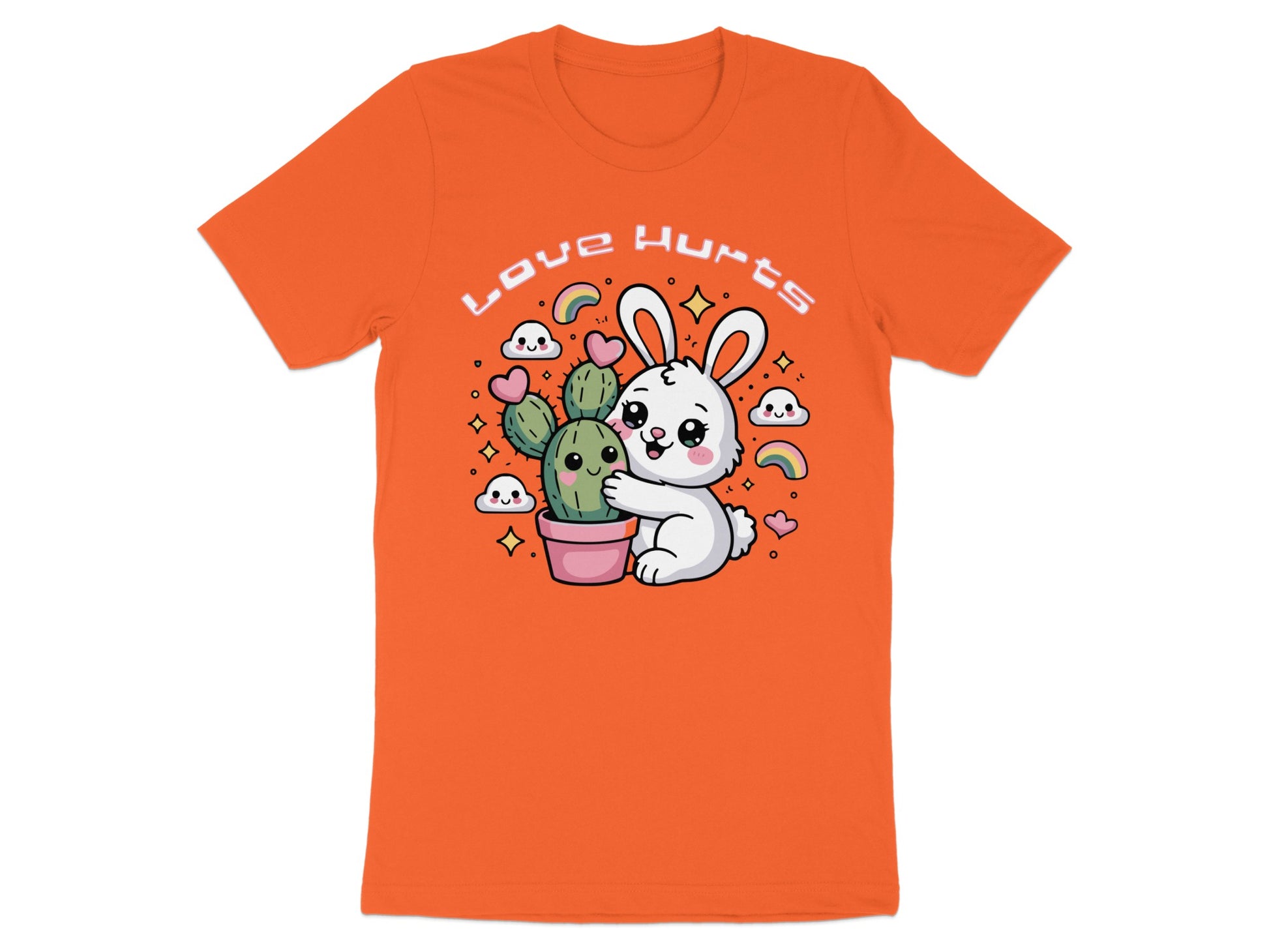 White bunny hugging a potted cactus with text "Love Hurts" and cute decorations.