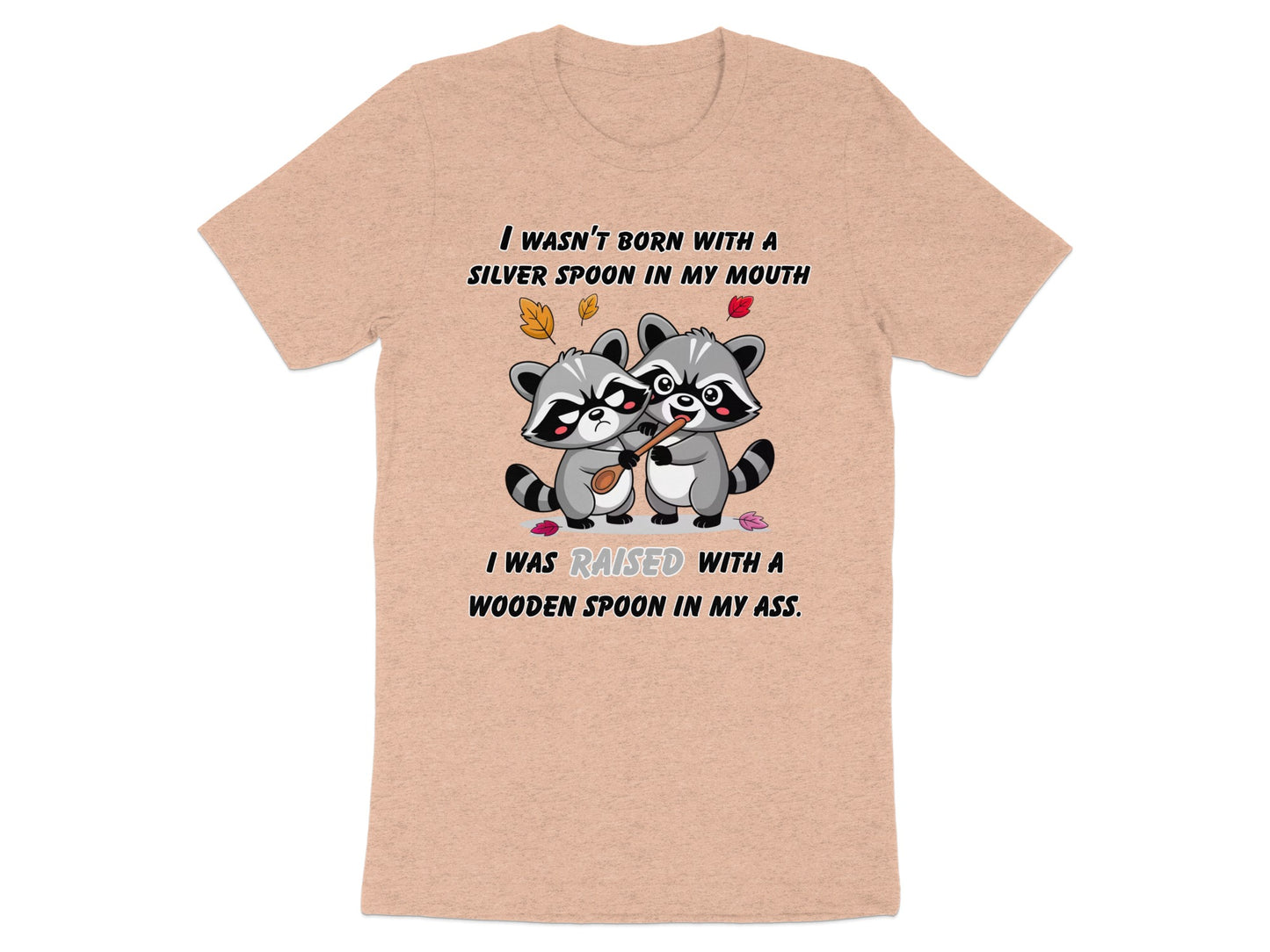 Two raccoons holding a wooden spoon with text about being raised with a wooden spoon.