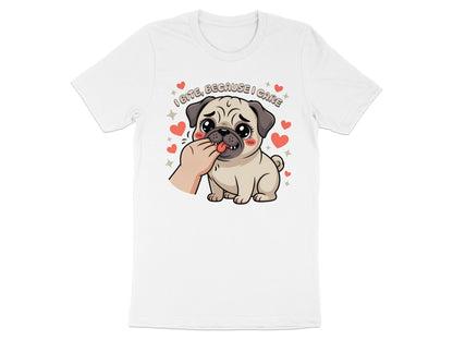 White t-shirt with a pug puppy and the text "I bite, because I care."