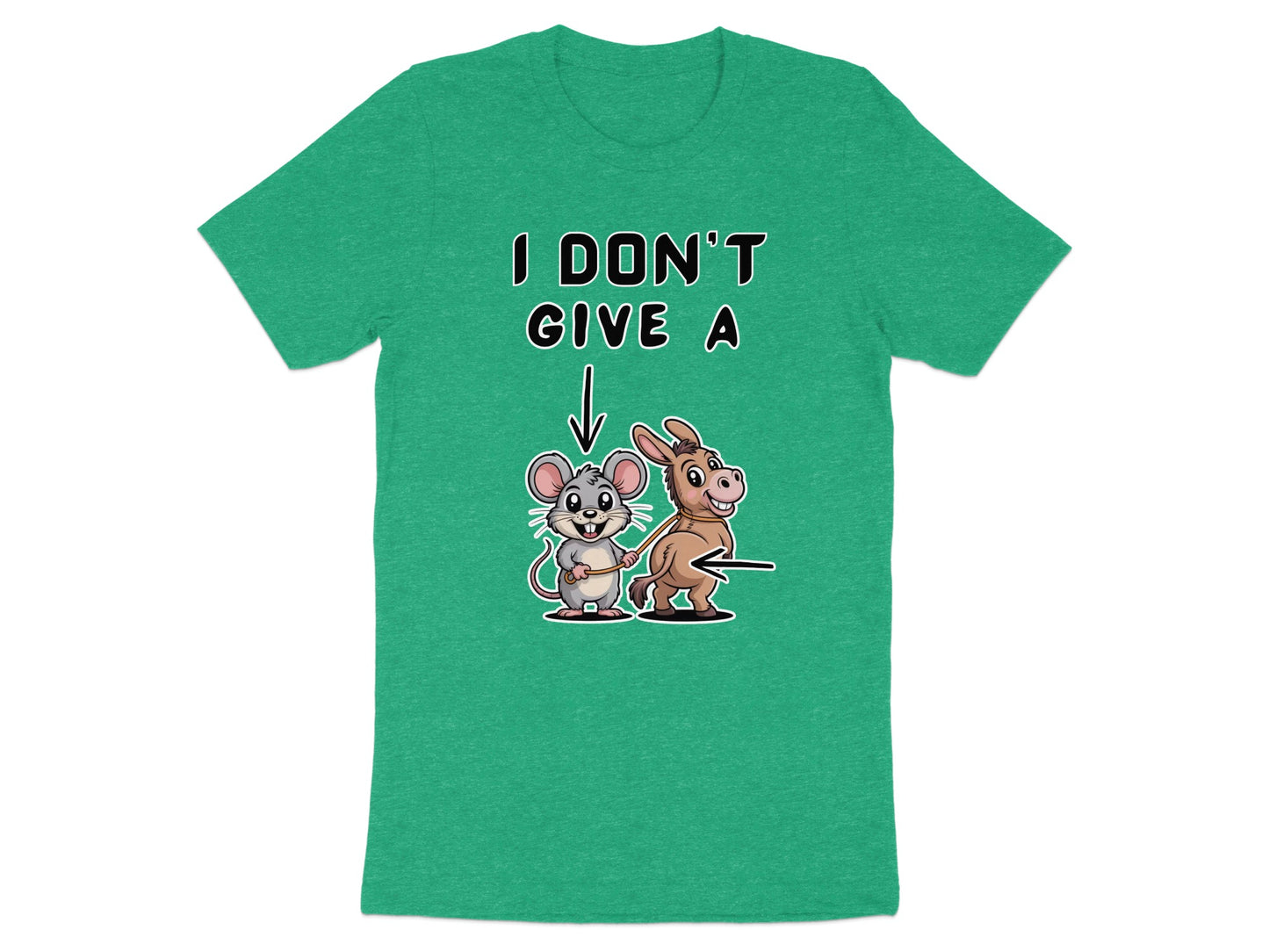 T-shirt with cartoon mouse on a donkey and text "I DON'T GIVE A".