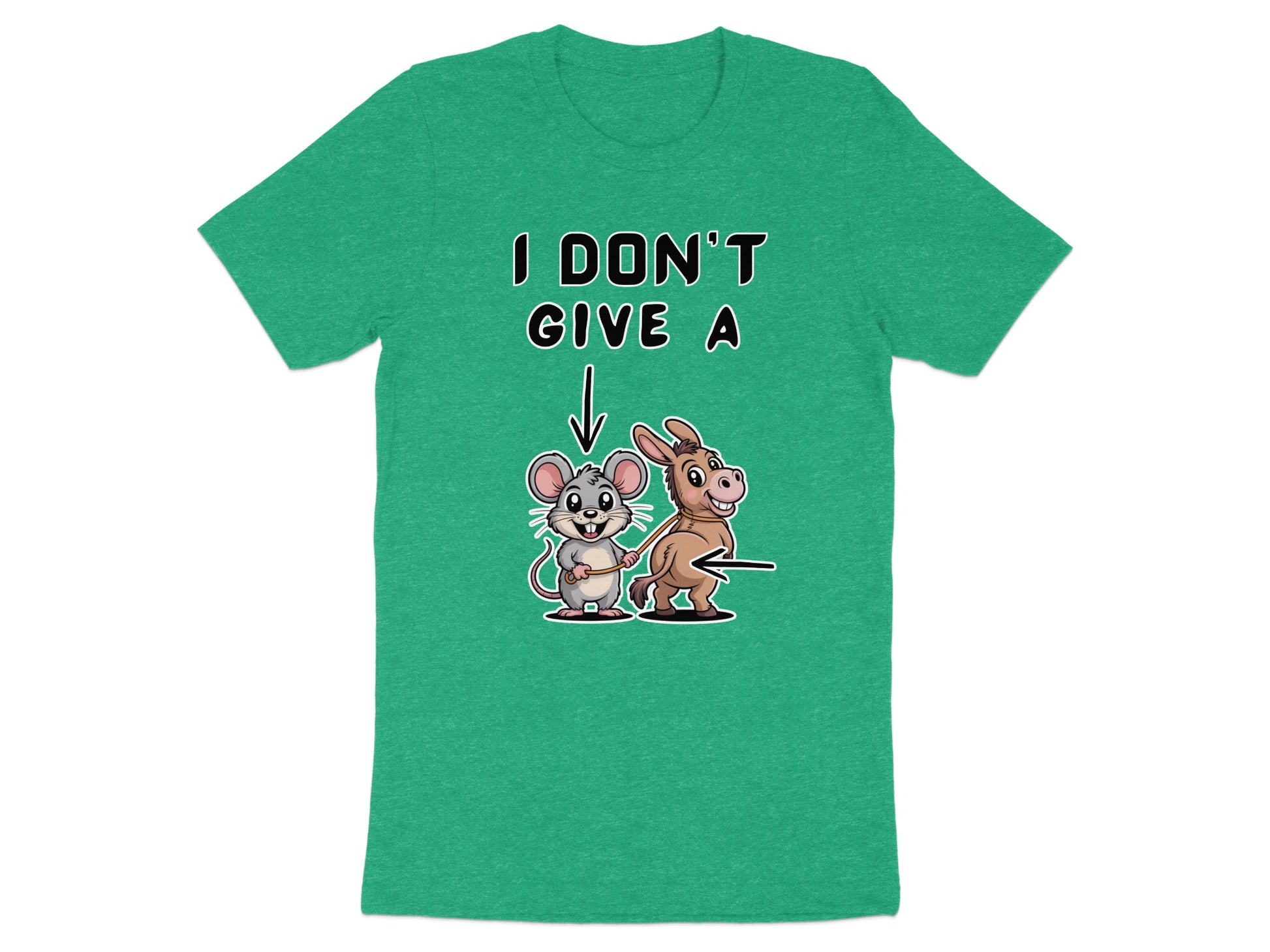 T-shirt with cartoon mouse on a donkey and text "I DON'T GIVE A".