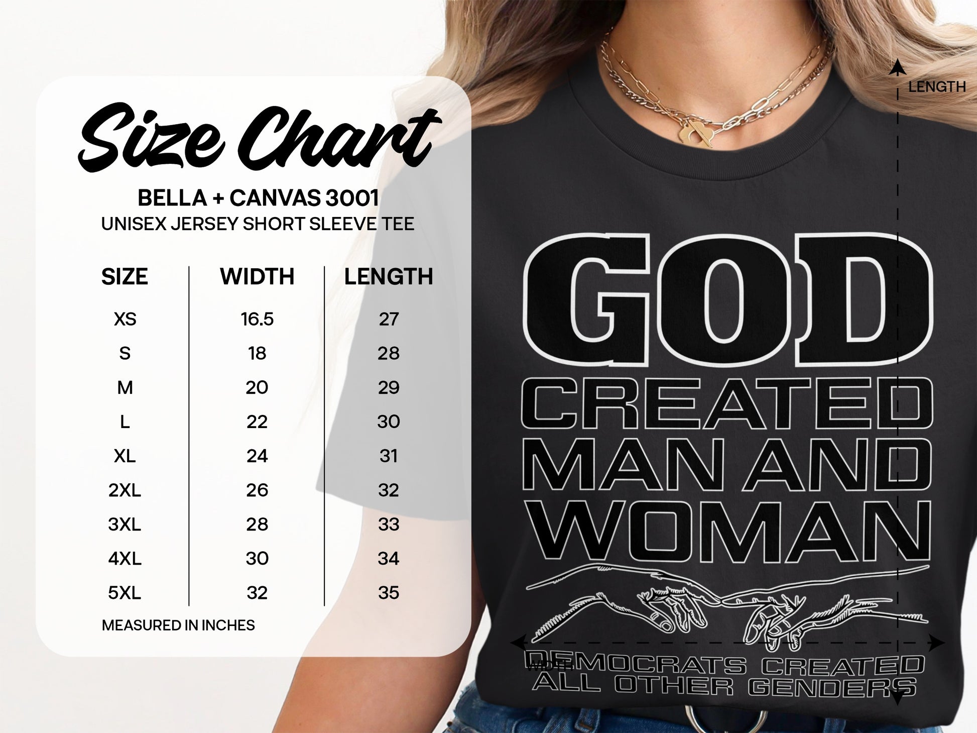 Black Bella + Canvas 3001 unisex tee with "GOD CREATED MAN AND WOMAN DEMOCRATS CREATED ALL OTHER GENDERS" text.