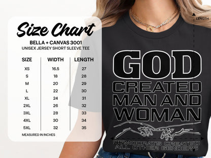 Black Bella + Canvas 3001 unisex tee with "GOD CREATED MAN AND WOMAN DEMOCRATS CREATED ALL OTHER GENDERS" text.