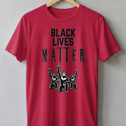 Red t-shirt with black text "BLACK LIVES MATTER" and three apes with raised fists.