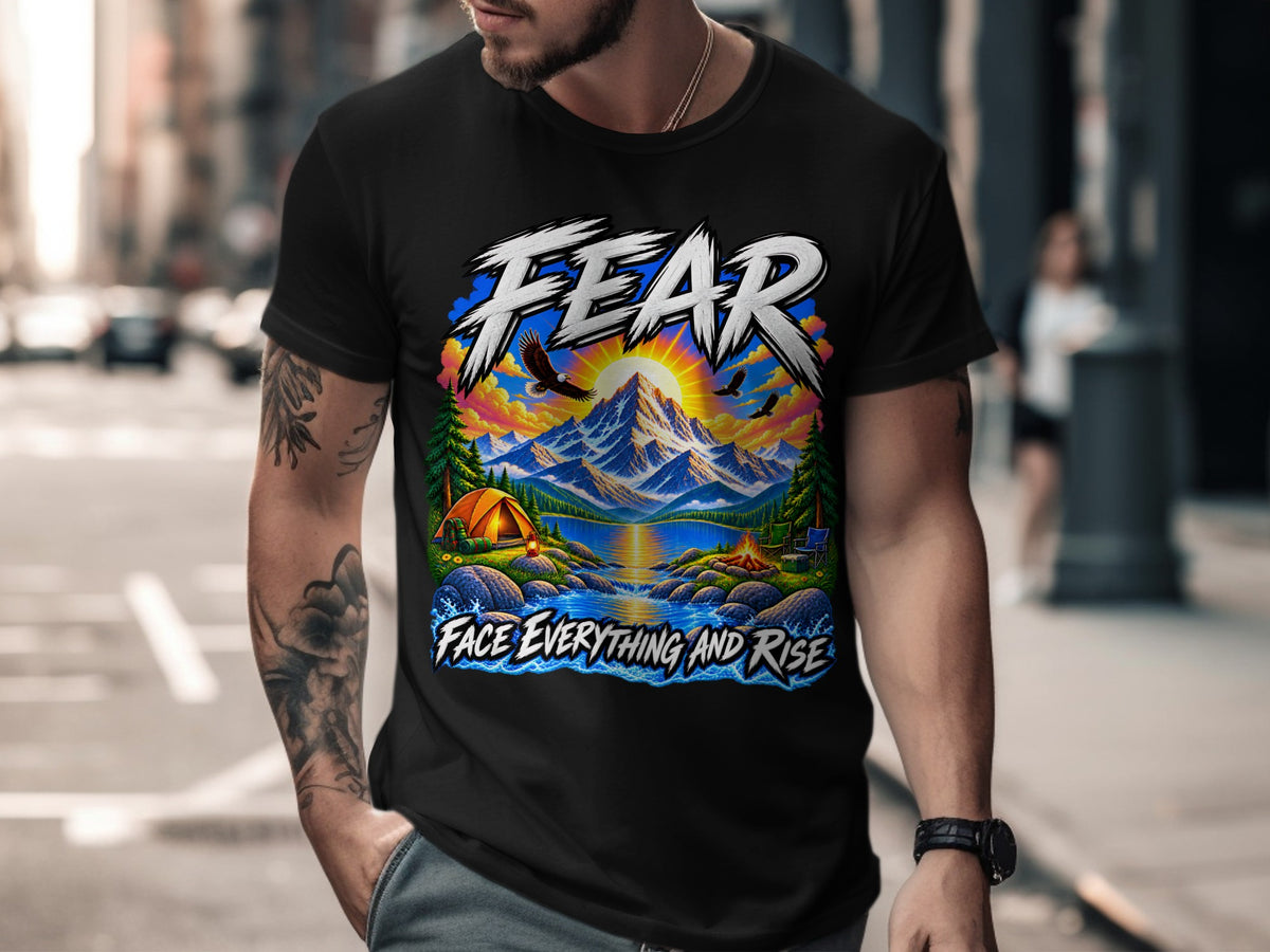 Black t-shirt with "FEAR FACE EVERYTHING AND RISE" graphic featuring a mountain landscape.