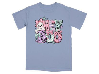 Ghost and Halloween text "HEY BOO" graphic on a light blue t-shirt.