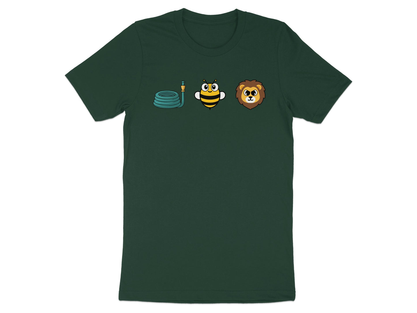 Green t-shirt with a coiled hose, a bee, and a lion's head graphic.