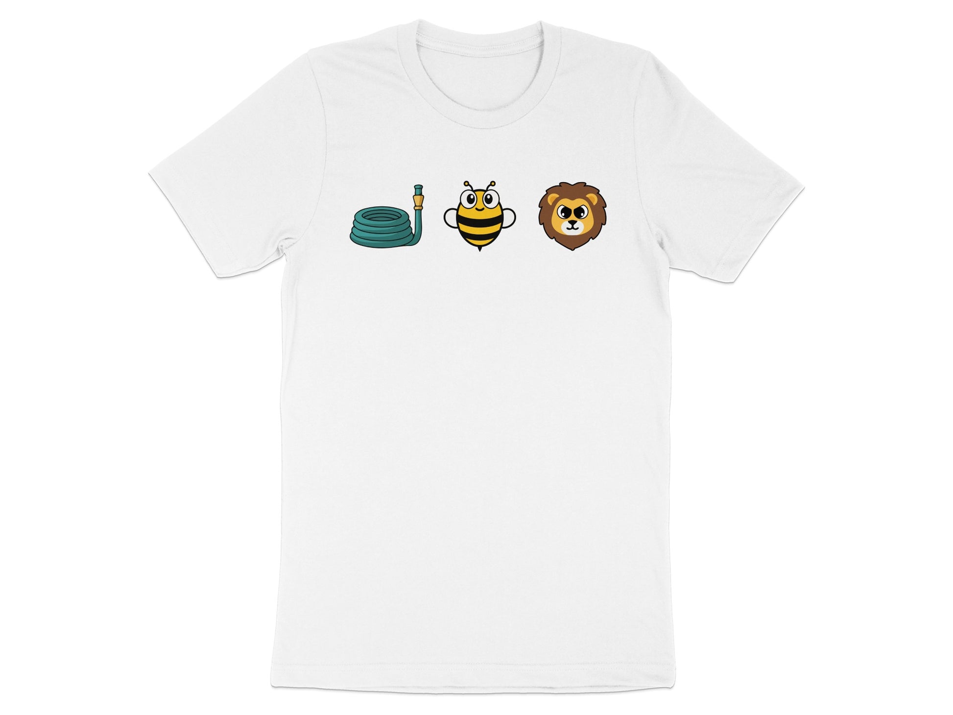 Hose, bee, and lion graphic on a white t-shirt.
