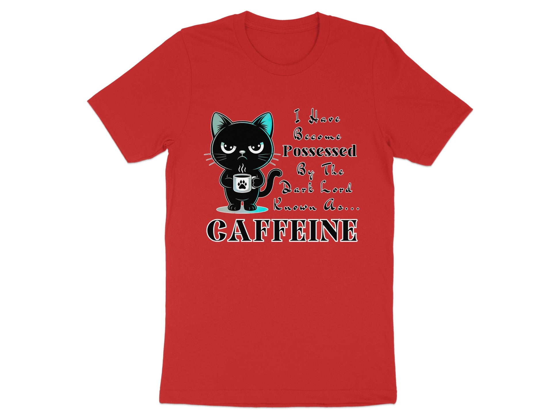 Red t-shirt with a black cat holding a mug and text that reads "CAFFEINE".
