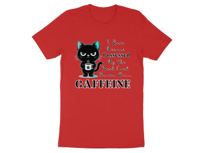 Red t-shirt with a black cat holding a mug and text that reads "CAFFEINE".