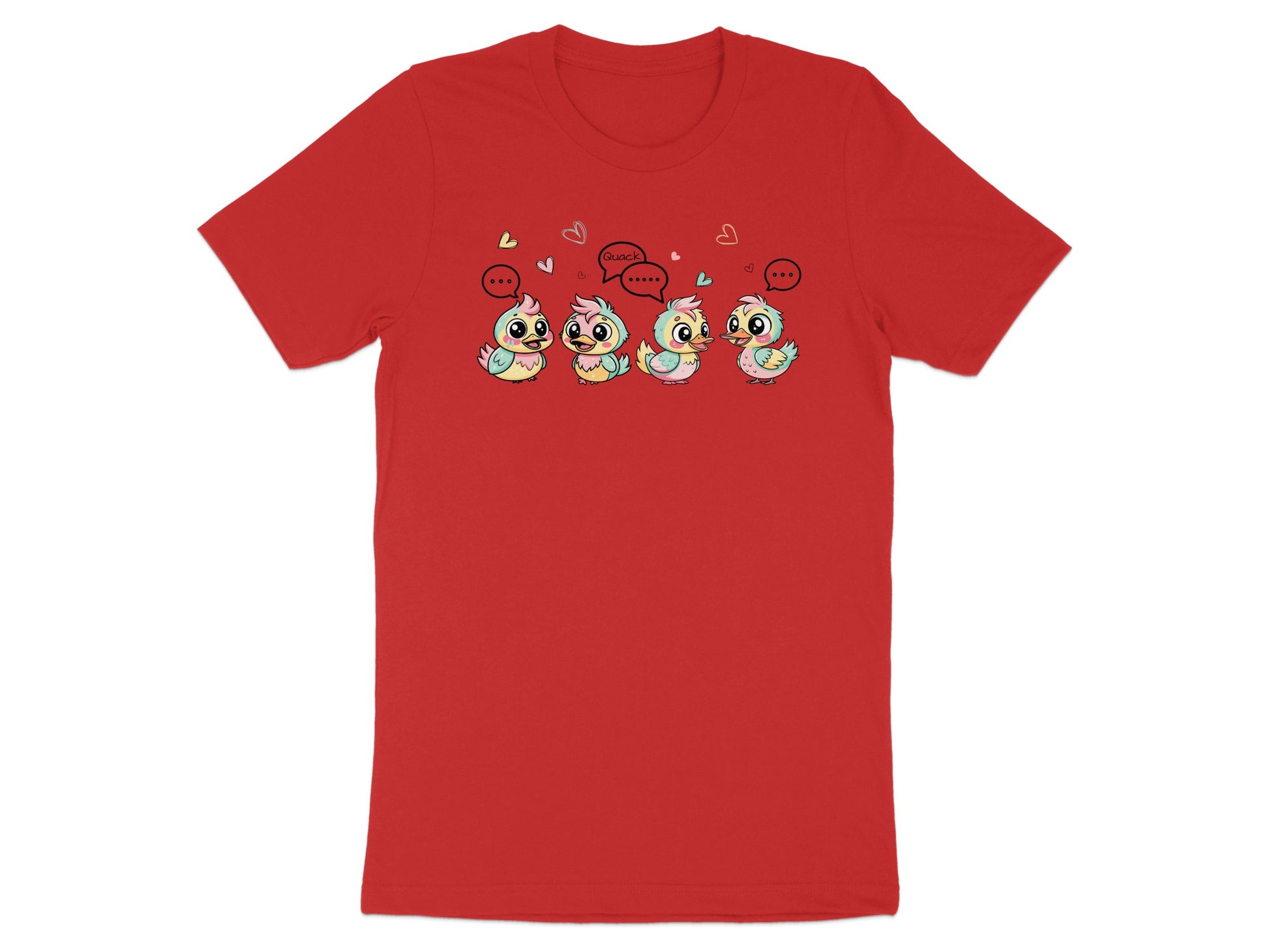 Red t-shirt with four colorful cartoon ducklings and speech bubbles.