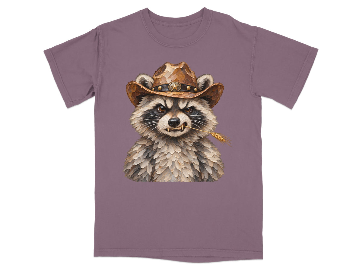 Illustration of a cowboy raccoon with a wheat stalk in its mouth on a purple t-shirt.