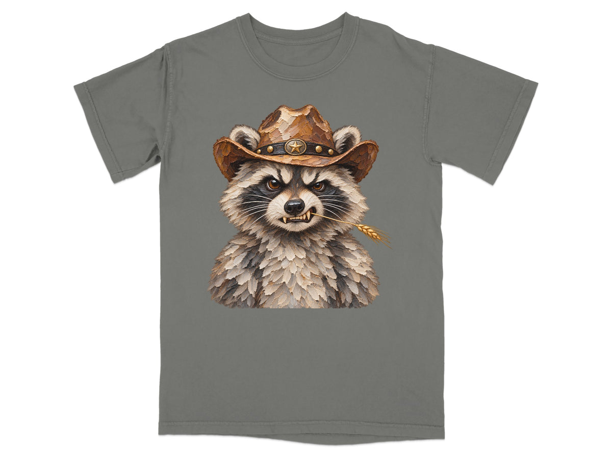 Raccoon wearing cowboy hat and chewing on wheat stalk.