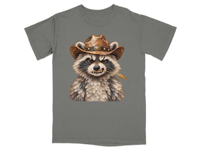 Raccoon wearing cowboy hat and chewing on wheat stalk.