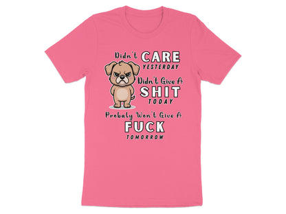 Pink t-shirt with grumpy dog graphic and text about not caring.