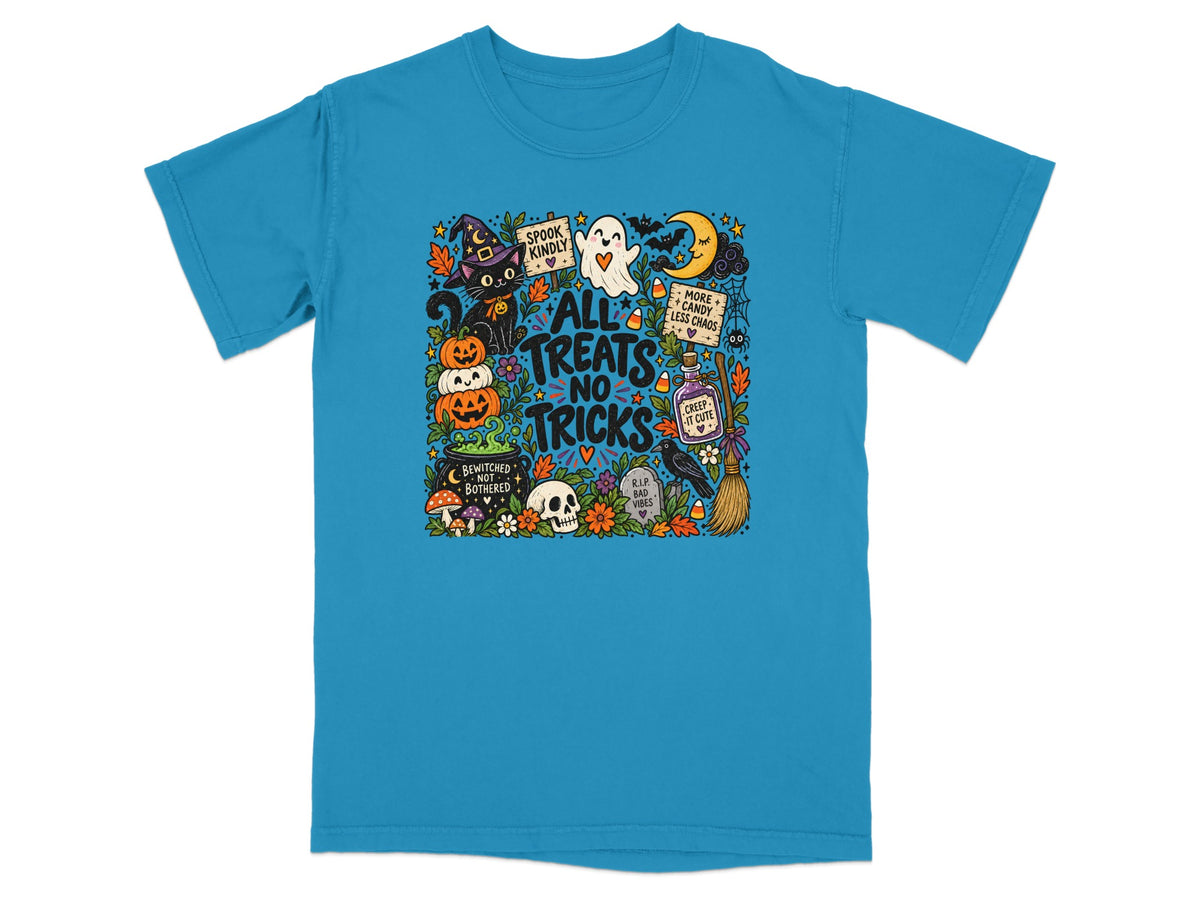 Halloween graphic with "All Treats No Tricks" text, black cat, ghost, pumpkins, and moon.
