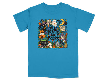 Halloween graphic with "All Treats No Tricks" text, black cat, ghost, pumpkins, and moon.
