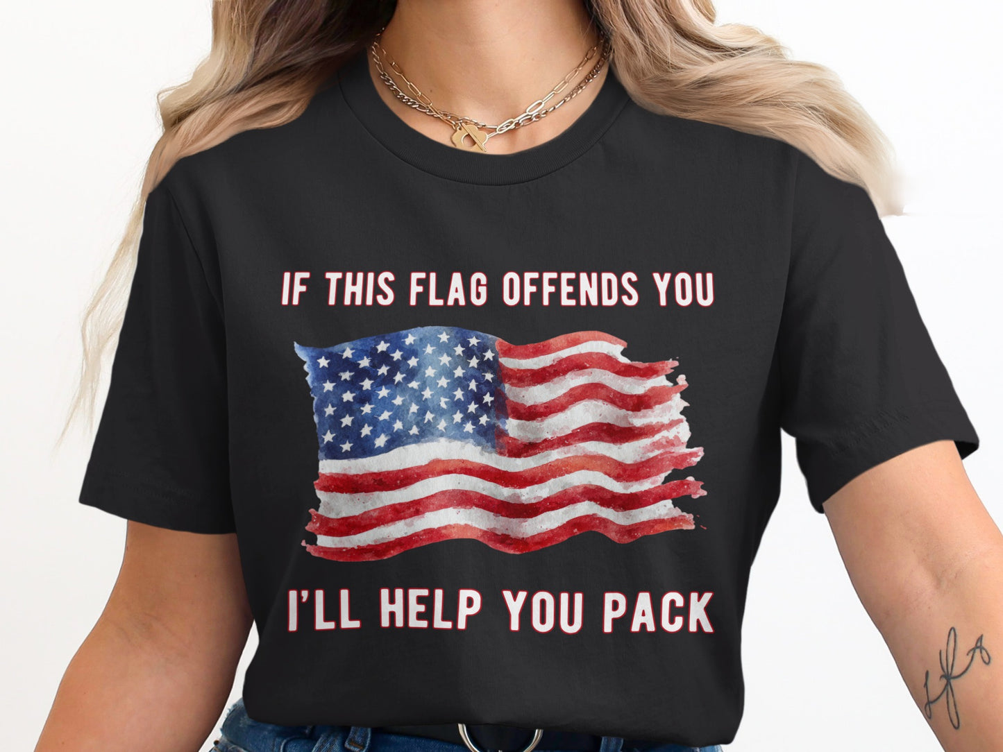 Black t-shirt with watercolor American flag and text.
