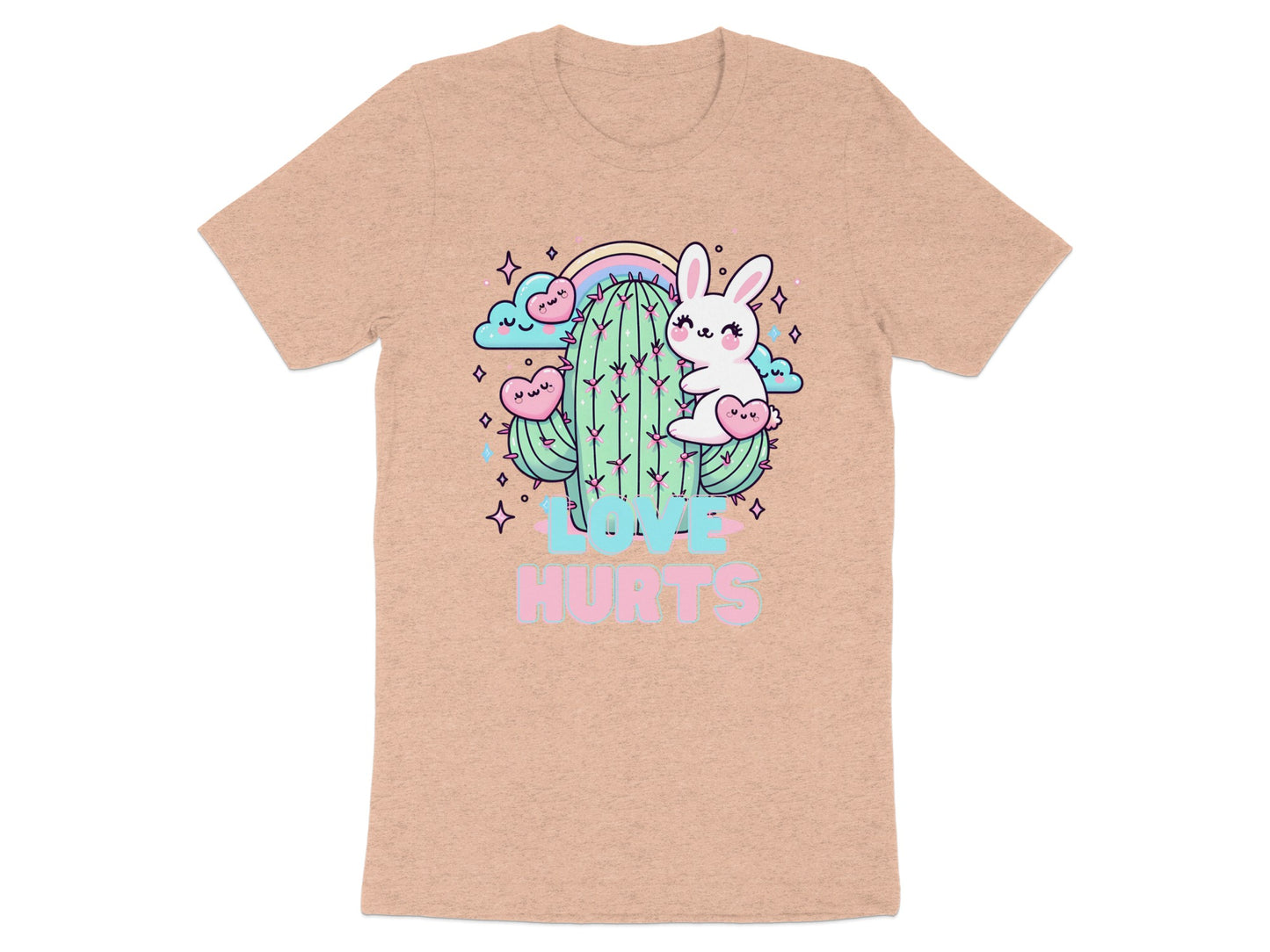 Bunny with hearts on a cactus with rainbow and clouds, text "LOVE HURTS".