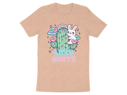 Bunny with hearts on a cactus with rainbow and clouds, text "LOVE HURTS".