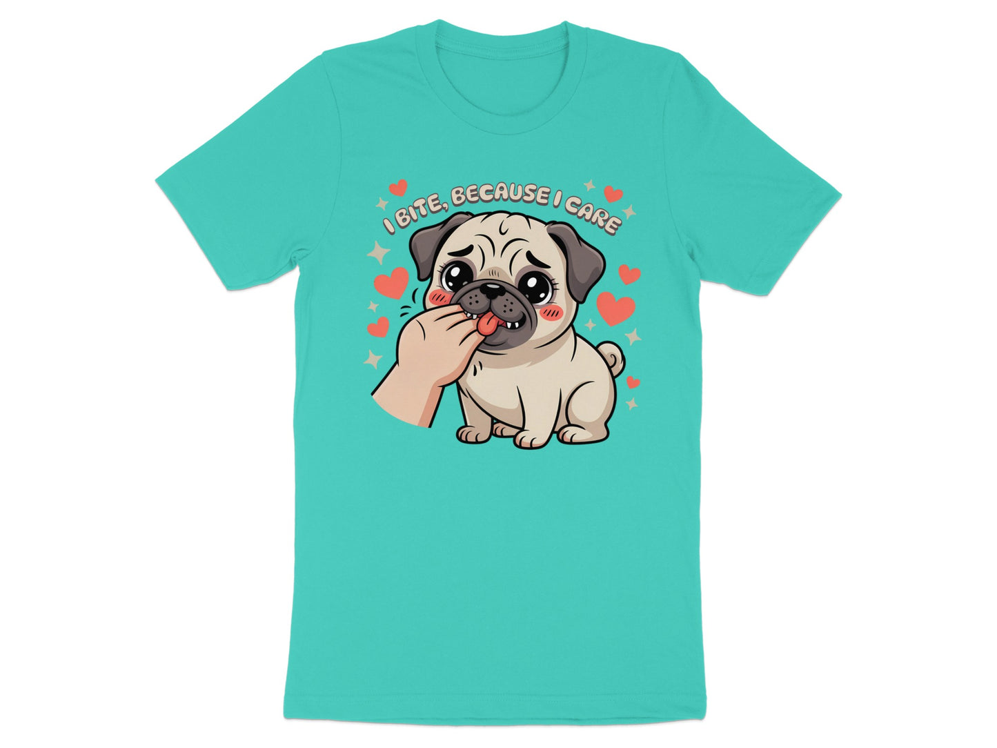 Cartoon pug nuzzles finger under text "I bite, because I care."