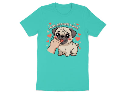 Cartoon pug nuzzles finger under text "I bite, because I care."