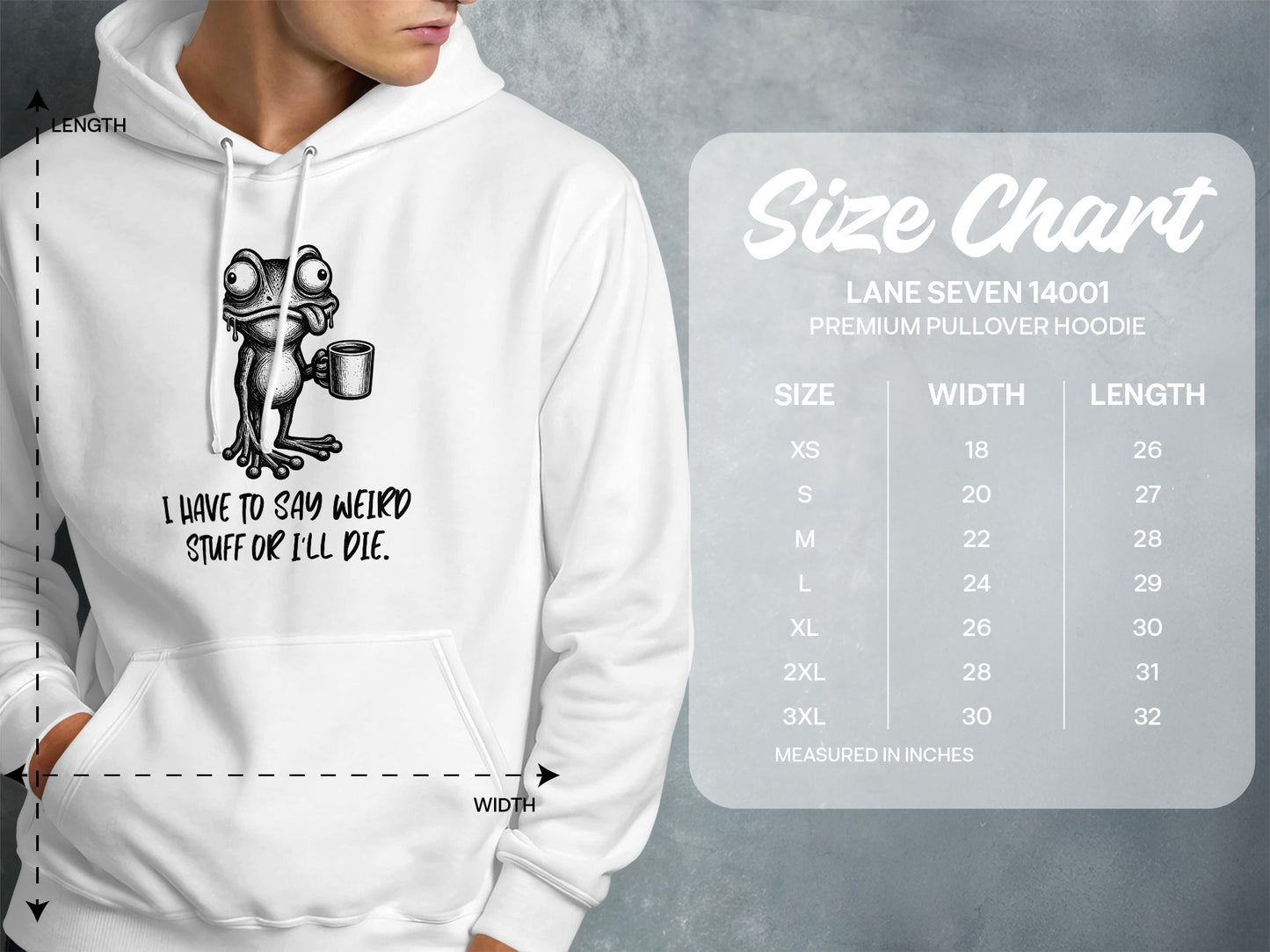 White hoodie with a cartoon frog graphic and a size chart.