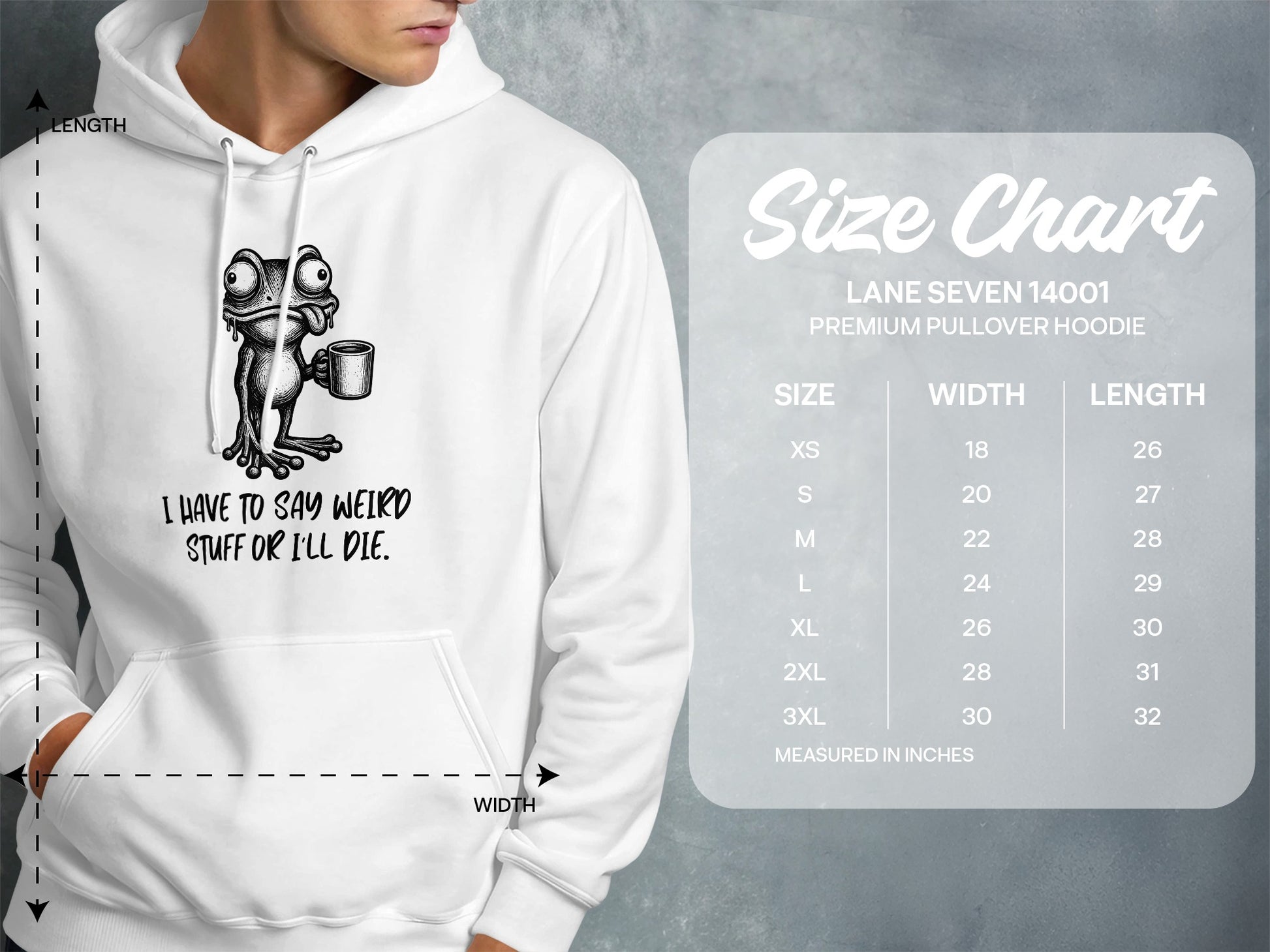 White hoodie with a cartoon frog graphic and a size chart.