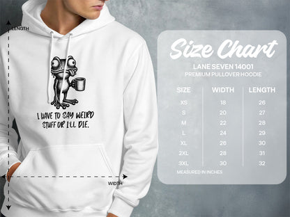 White hoodie with a cartoon frog graphic and a size chart.