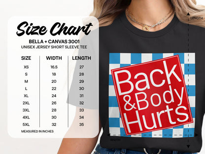 Bella + Canvas 3001 size chart for unisex jersey short sleeve tee with graphic.