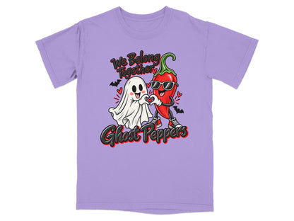 Purple t-shirt with ghost and chili pepper forming heart, text "We Belong Together Ghost Peppers".