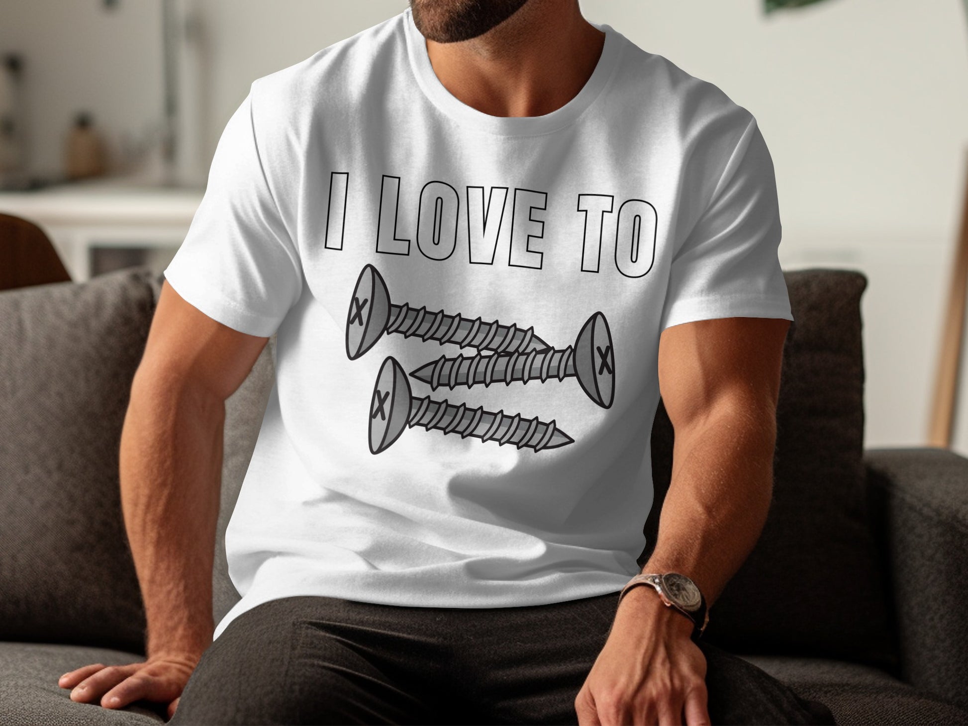 White t-shirt with "I LOVE TO" and three screws graphic.