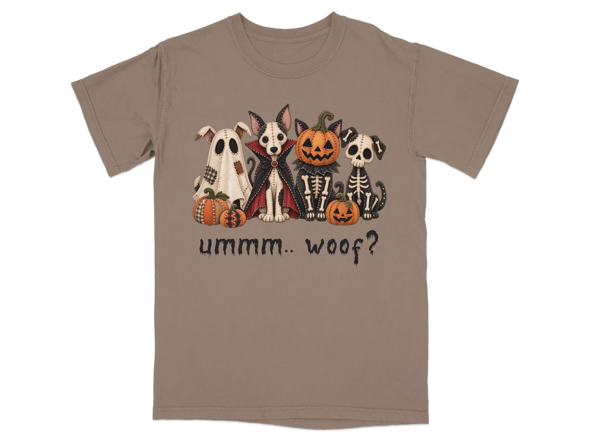 Dogs dressed as a ghost, vampire, skeleton, and pumpkin with "ummm.. woof?" text.