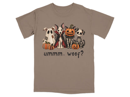 Dogs dressed as a ghost, vampire, skeleton, and pumpkin with "ummm.. woof?" text.