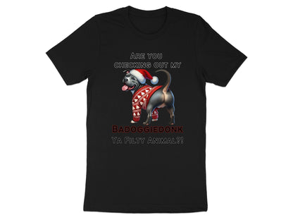 Christmas-themed shirt with a pit bull wearing a Santa hat and sweater, text says "BADOGGIEDONK YA FILTY ANIMAL?!".