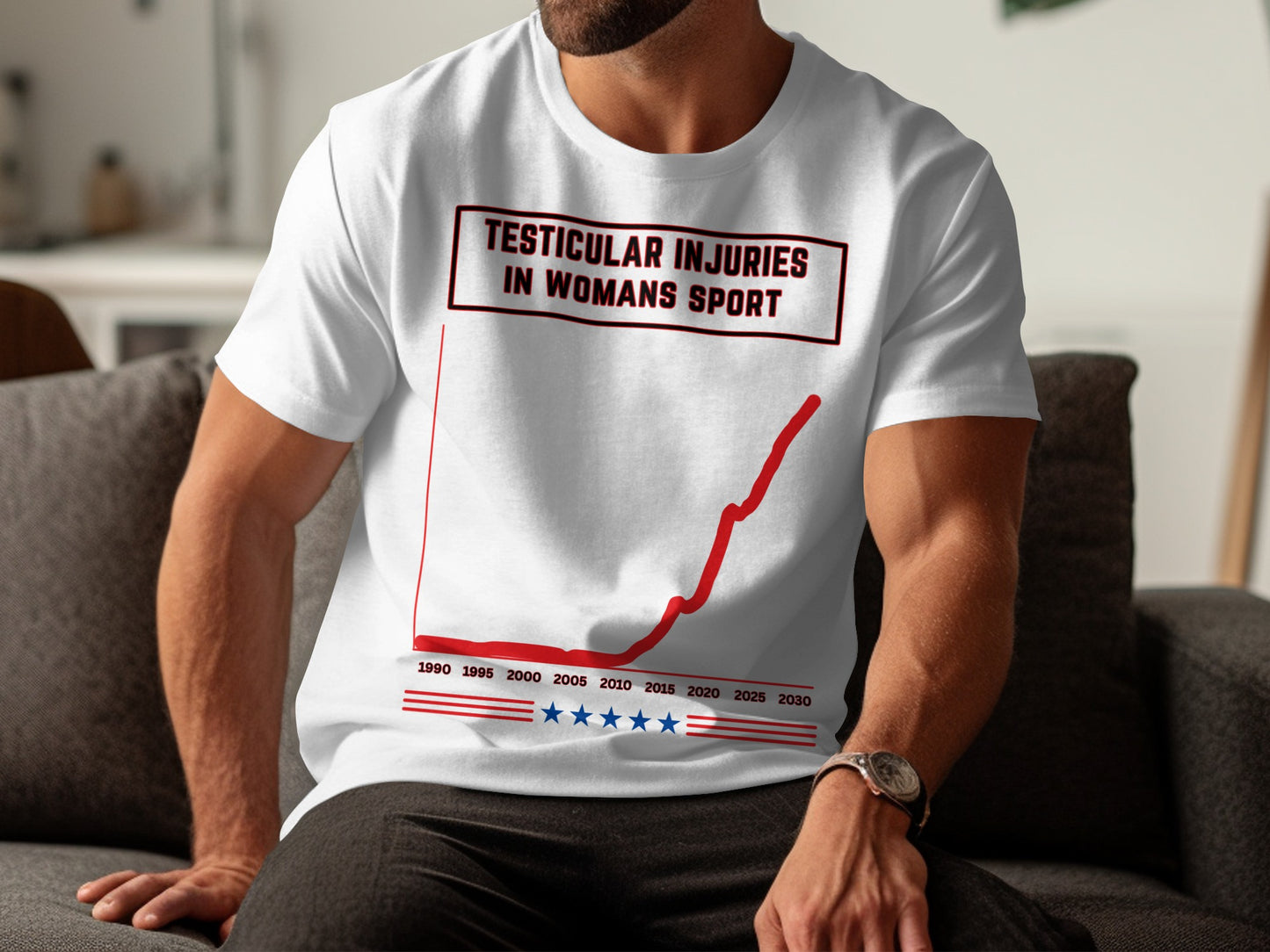T-shirt with "Testicular Injuries in Womans Sport" text and a rising red graph.