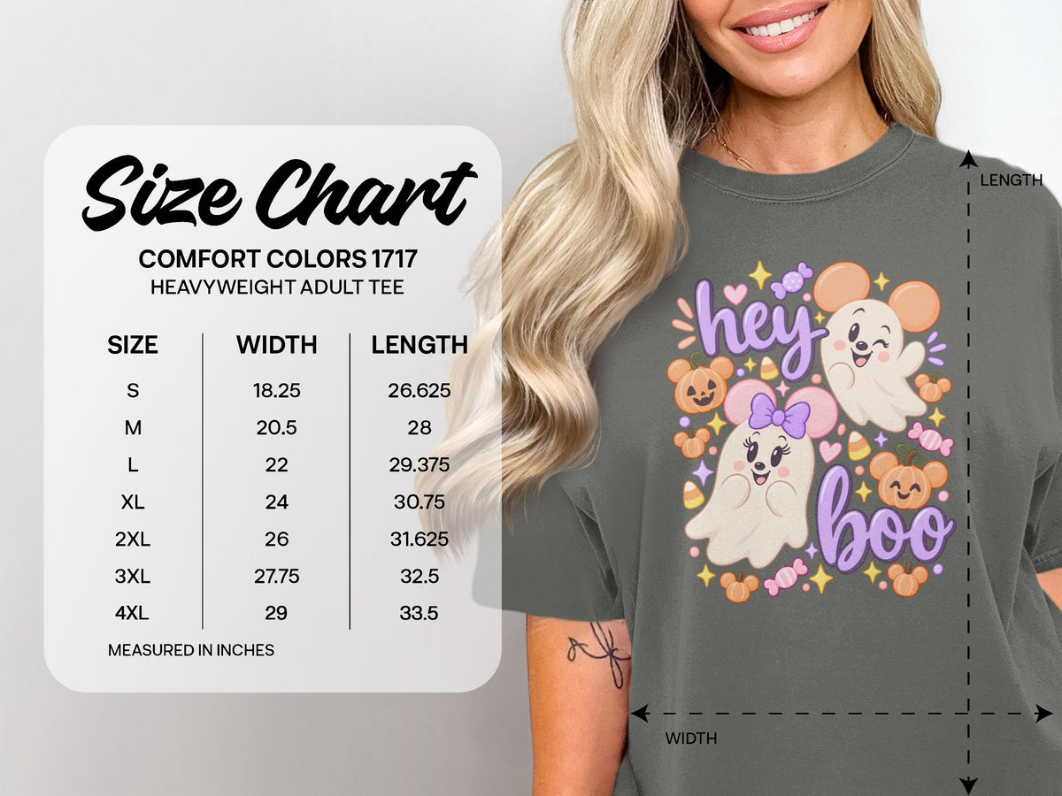 Size chart for Comfort Colors 1717 heavyweight adult tee with ghost graphic.