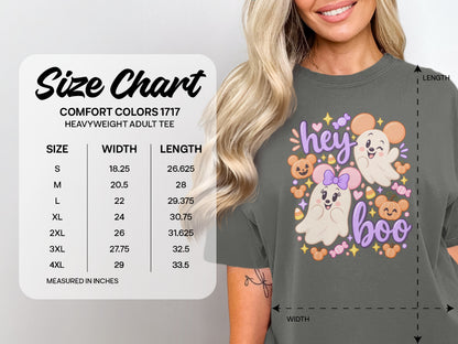Size chart for Comfort Colors 1717 heavyweight adult tee with ghost graphic.