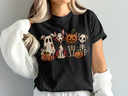 Black t-shirt with Halloween-themed graphic of spooky dog characters and pumpkins.