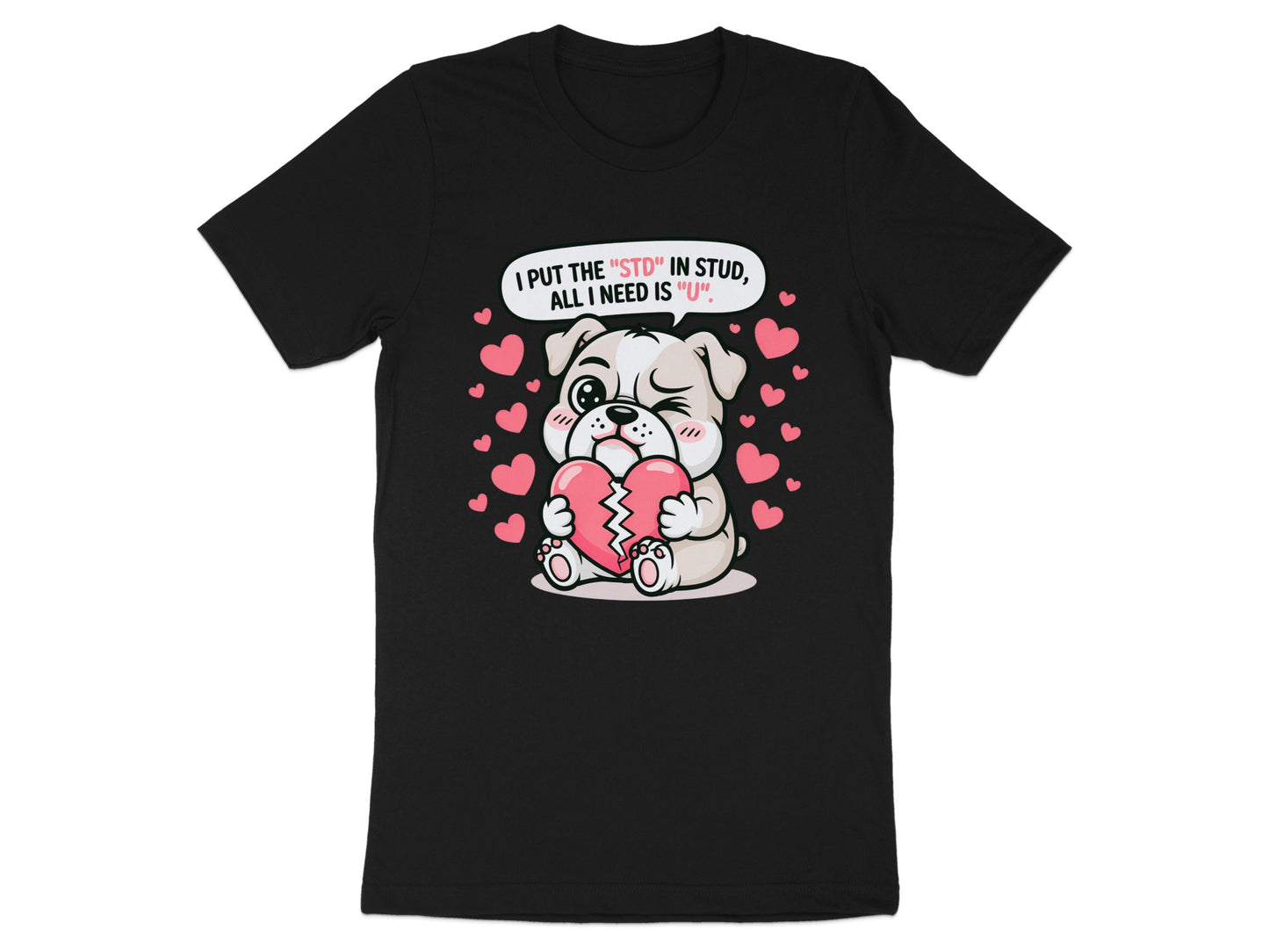 Black t-shirt with cartoon bulldog holding broken heart and text.