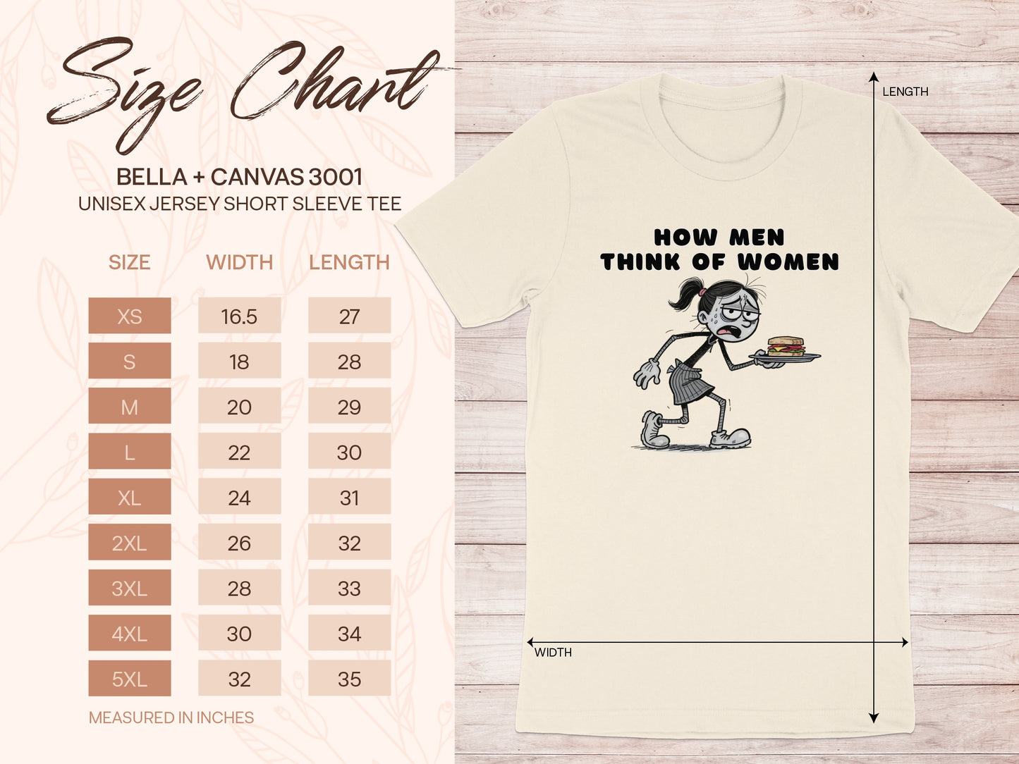Bella + Canvas 3001 unisex t-shirt size chart with cartoon graphic and text "How Men Think of Women".